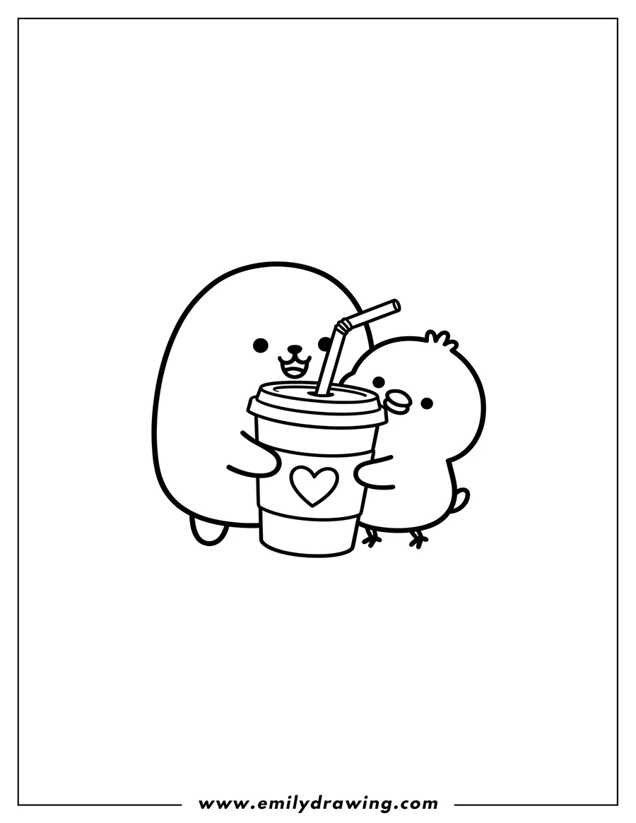 High quality printable easy Molang And Piu Piu hugging a takeaway coffee cup with a straw for coloring