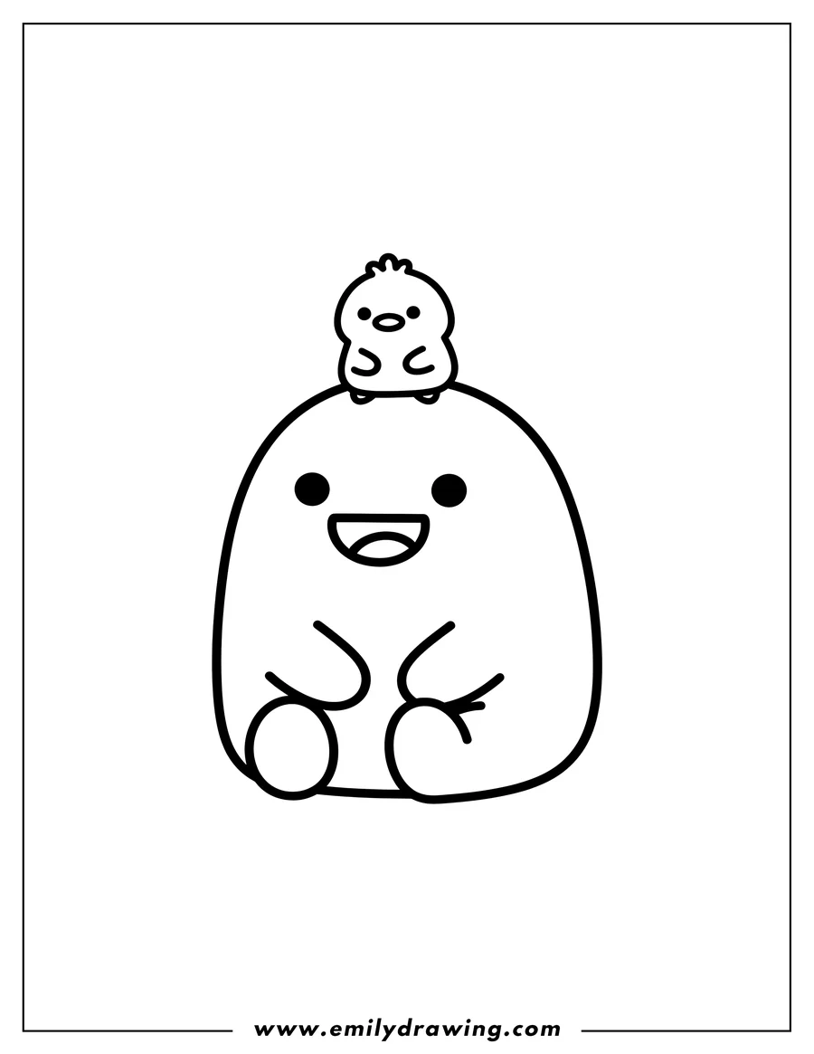 High quality printable easy Molang and Piu Piu Outline, with Piu Piu sitting on Molang's head, both smiling for coloring