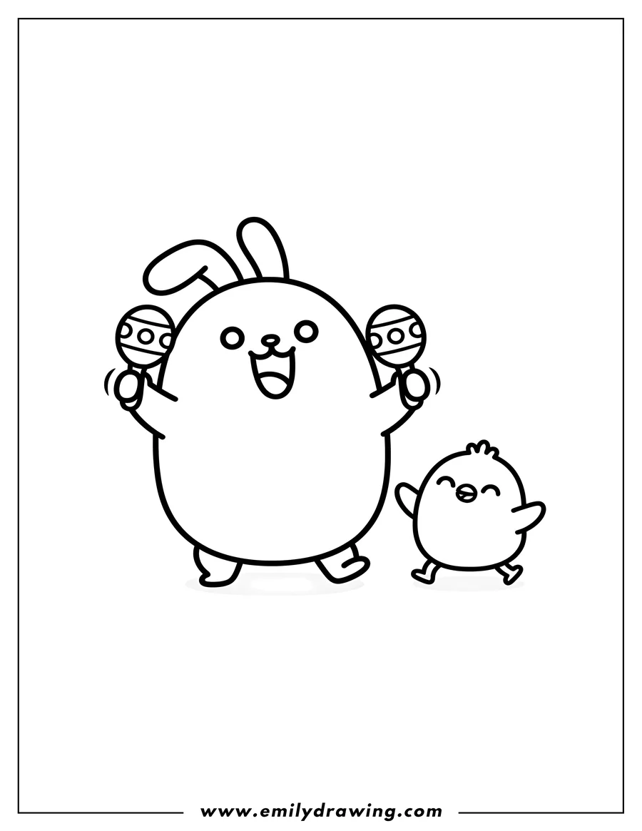 Clean line drawing: molang shaking two maracas with an open mouth, Piu Piu dancing happily