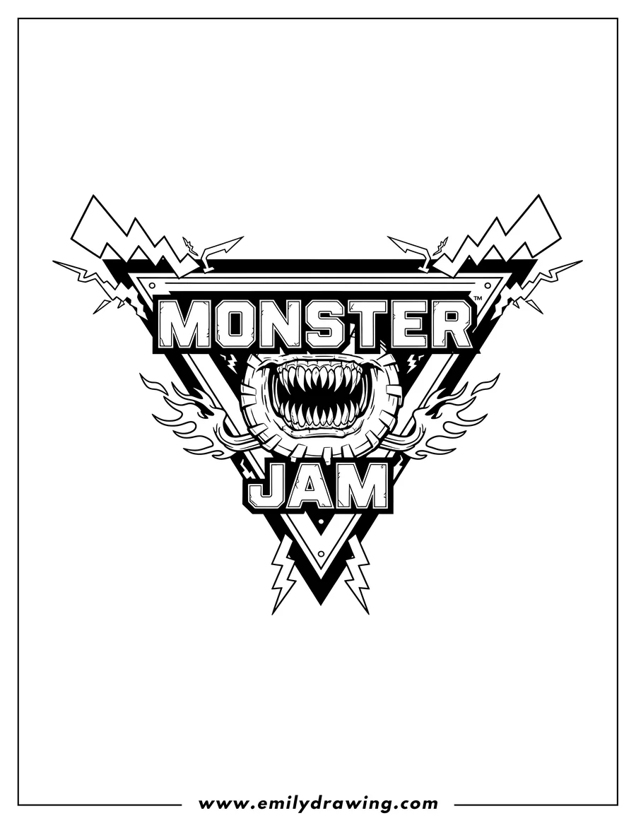 Coloring page for kids: monster Jam Logo in a triangular frame with bolt details
