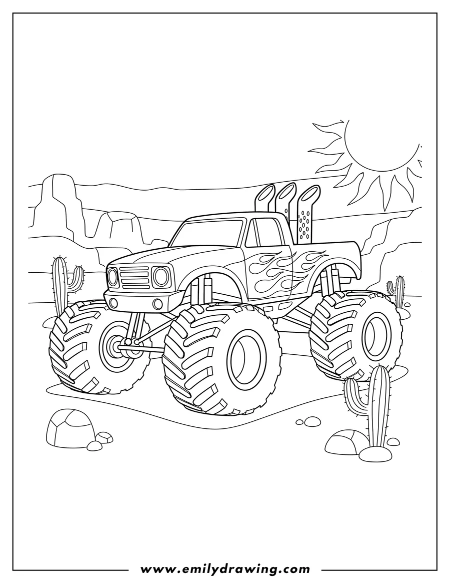 Vector style outline of monster Truck with flame decals and side exhaust pipes, Desert Scaled
