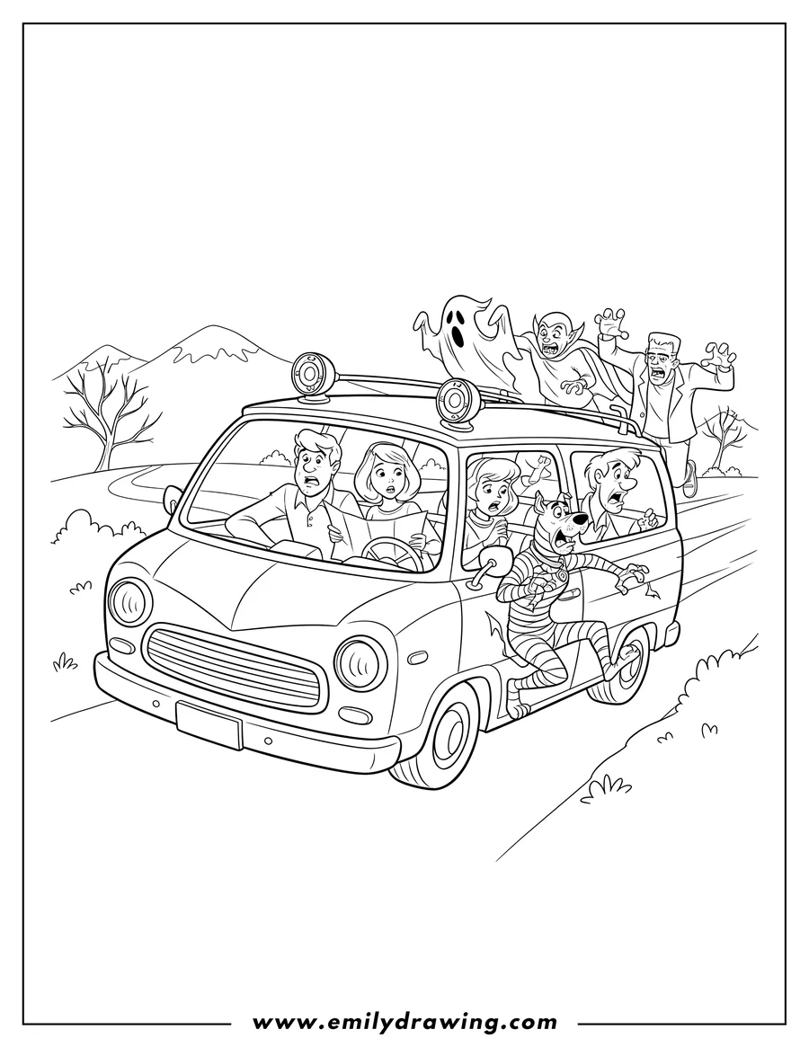 Full page coloring image of scooby Doo Gang in the Mystery Machine being chased by multiple monsters, with a mummy clinging to the side
