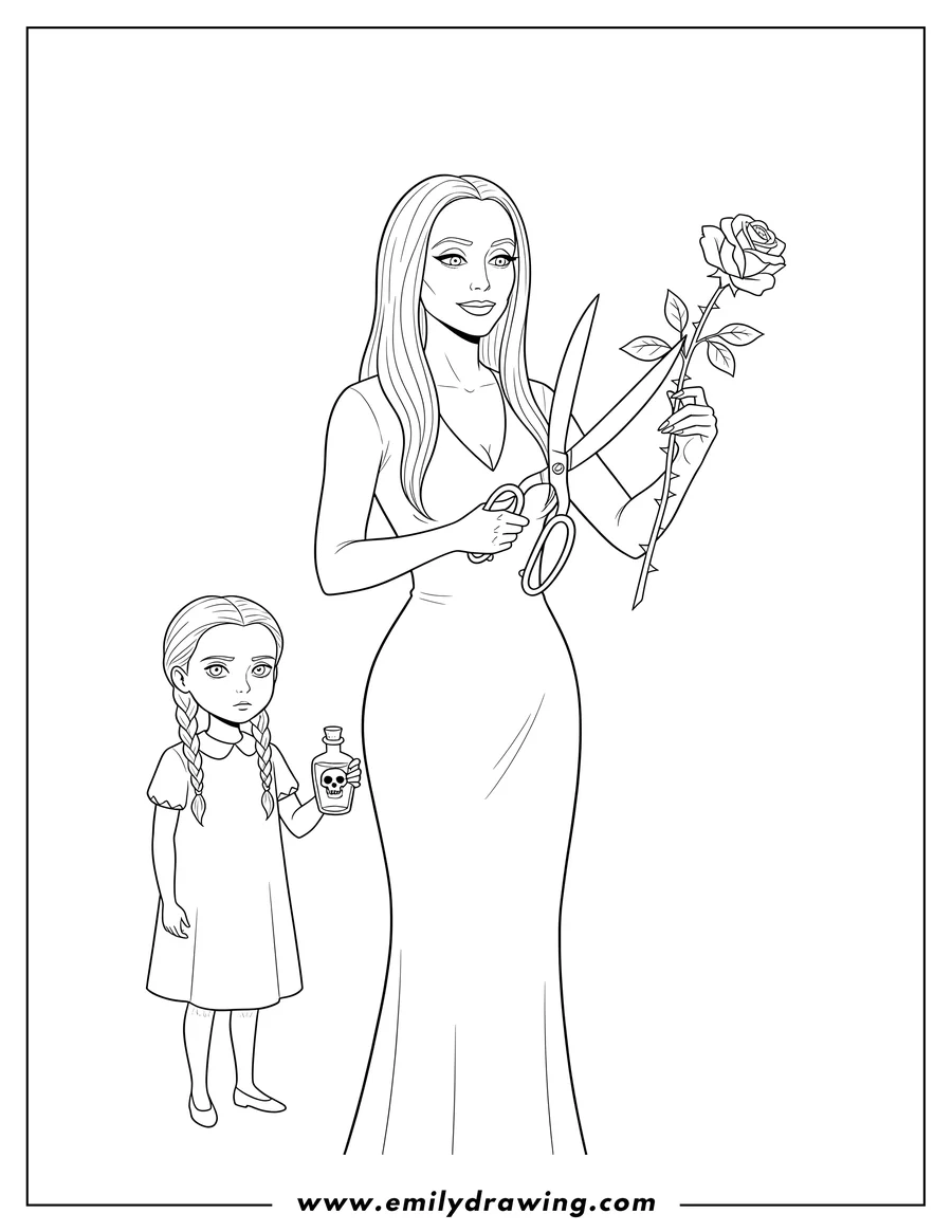 Free printable coloring sheet of easy Morticia Addams cutting thorns from a rose with Wednesday Addams holding a poison bottle