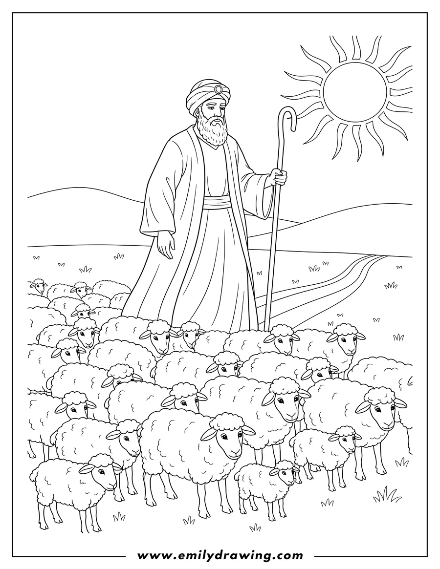 Free to print drawing of moses walking with a staff, leading a flock of sheep