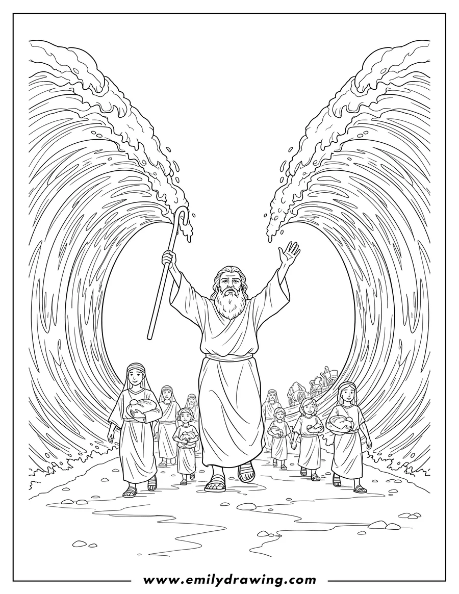 Black and white line art of moses with arms raised parting the Red Sea, with people walking through