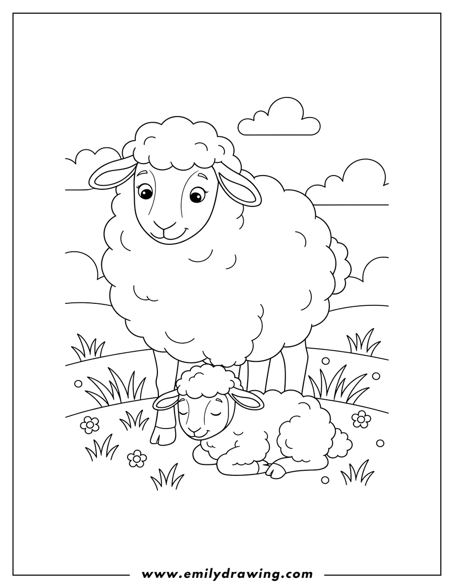 Coloring page for kids: mother sheep standing and a lamb lying down on grass