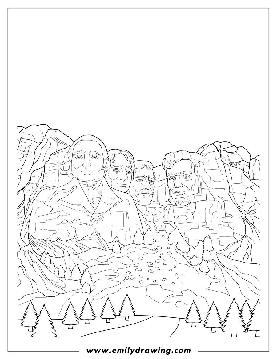 Clean line drawing: easy Mount Rushmore National Memorial, showing the four presidents' faces