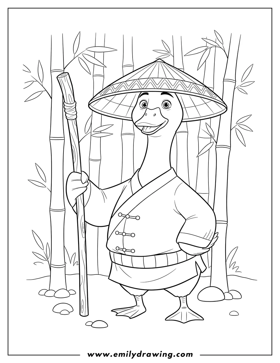 Coloring sheet featuring mr. Ping wearing a conical hat in a bamboo forest