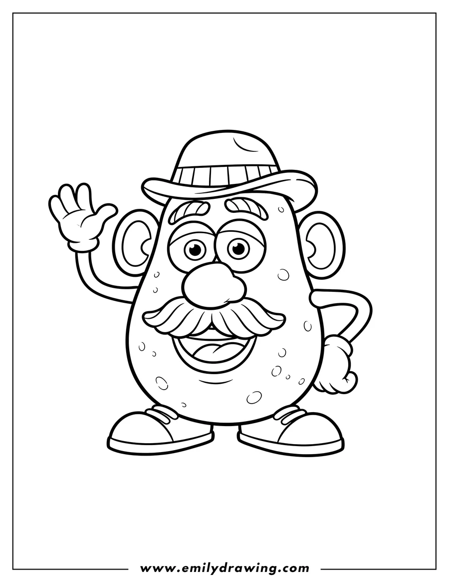 Full page coloring image of mr Potato Head Scaled, waving, wearing a hat and a mustache