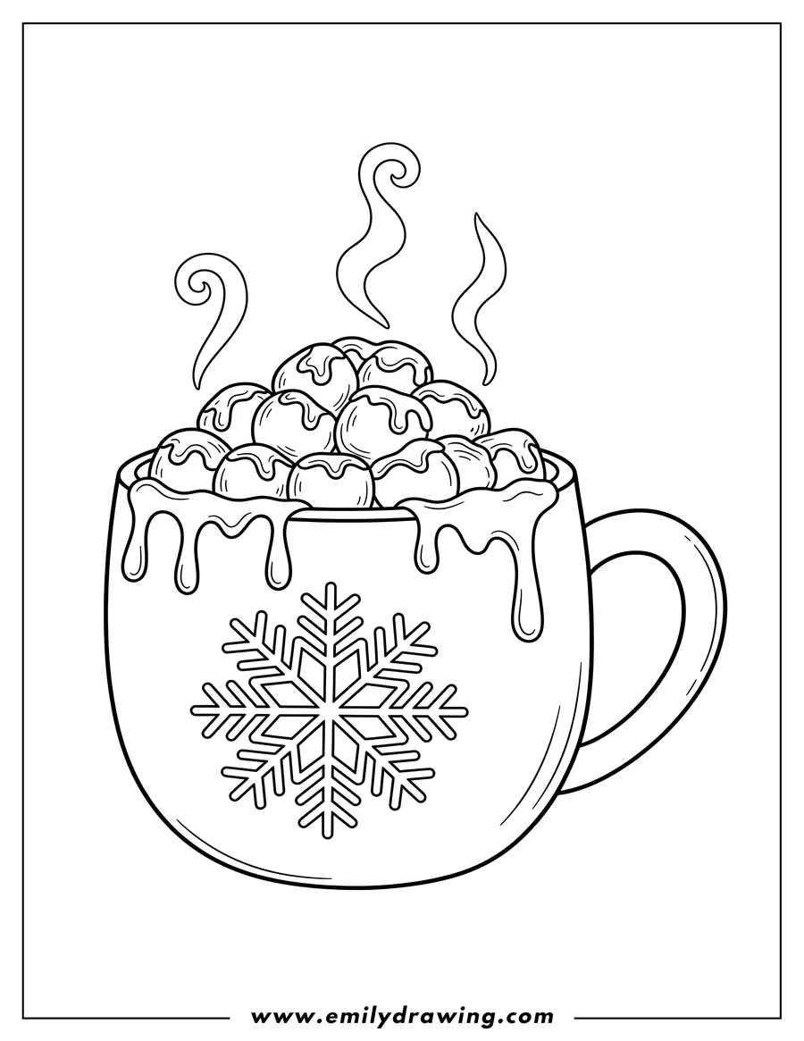 Clean line drawing: hot chocolate in a mug, full of marshmallows, with dripping chocolate and a snowflake design