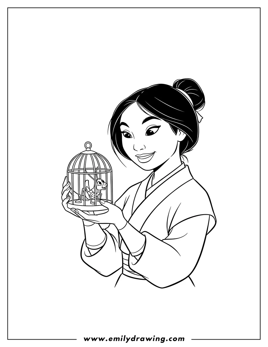 Black and white line art of mulan smiling and looking at Cri-Kee inside his cage