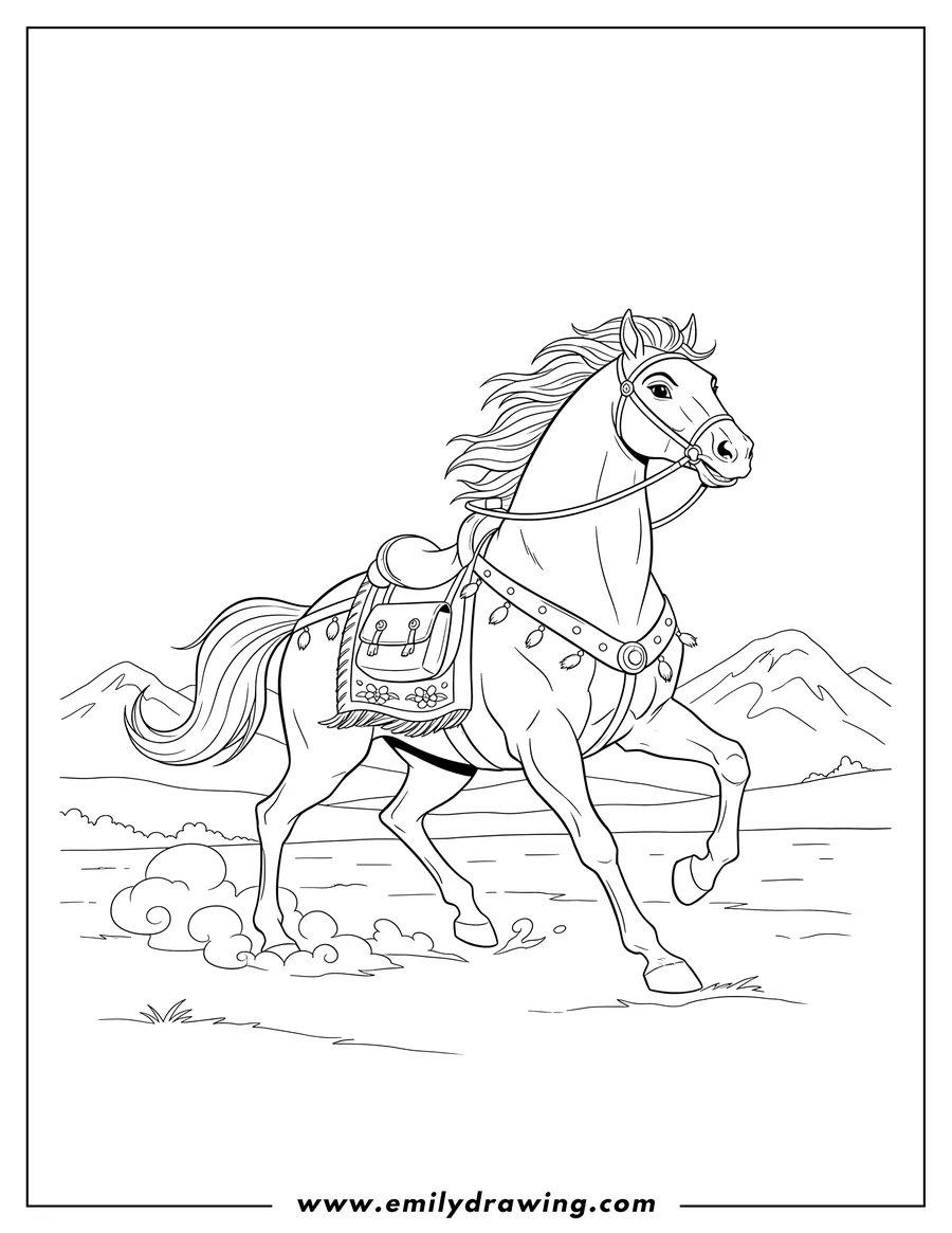 Full page coloring image of mulan's horse Khan Khan galloping with a saddle, bridle, and pouch