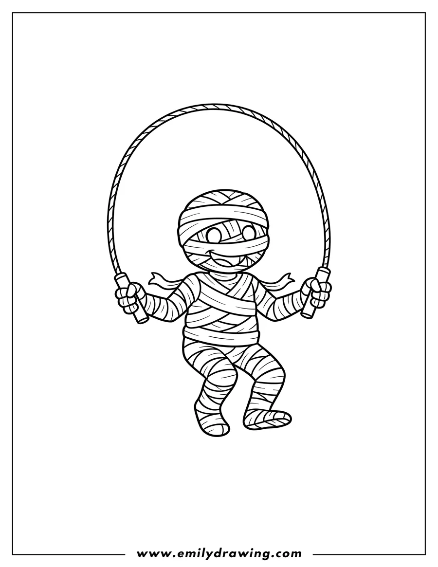 Coloring page of easy Mummy Playing Jump Rope, jumping with rope overhead