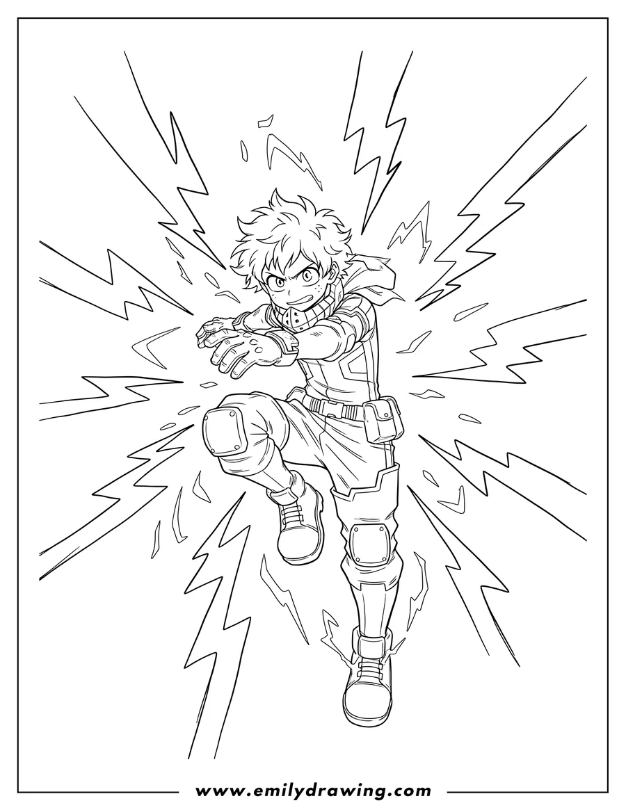 Coloring sheet featuring my Hero Academia Izuku Midoriya leaping, surrounded by lightning