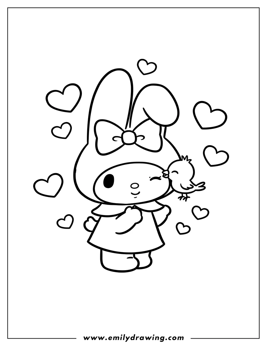 Full page coloring image of my Melody getting a kiss on the cheek from Flat, both with closed eyes and hearts floating