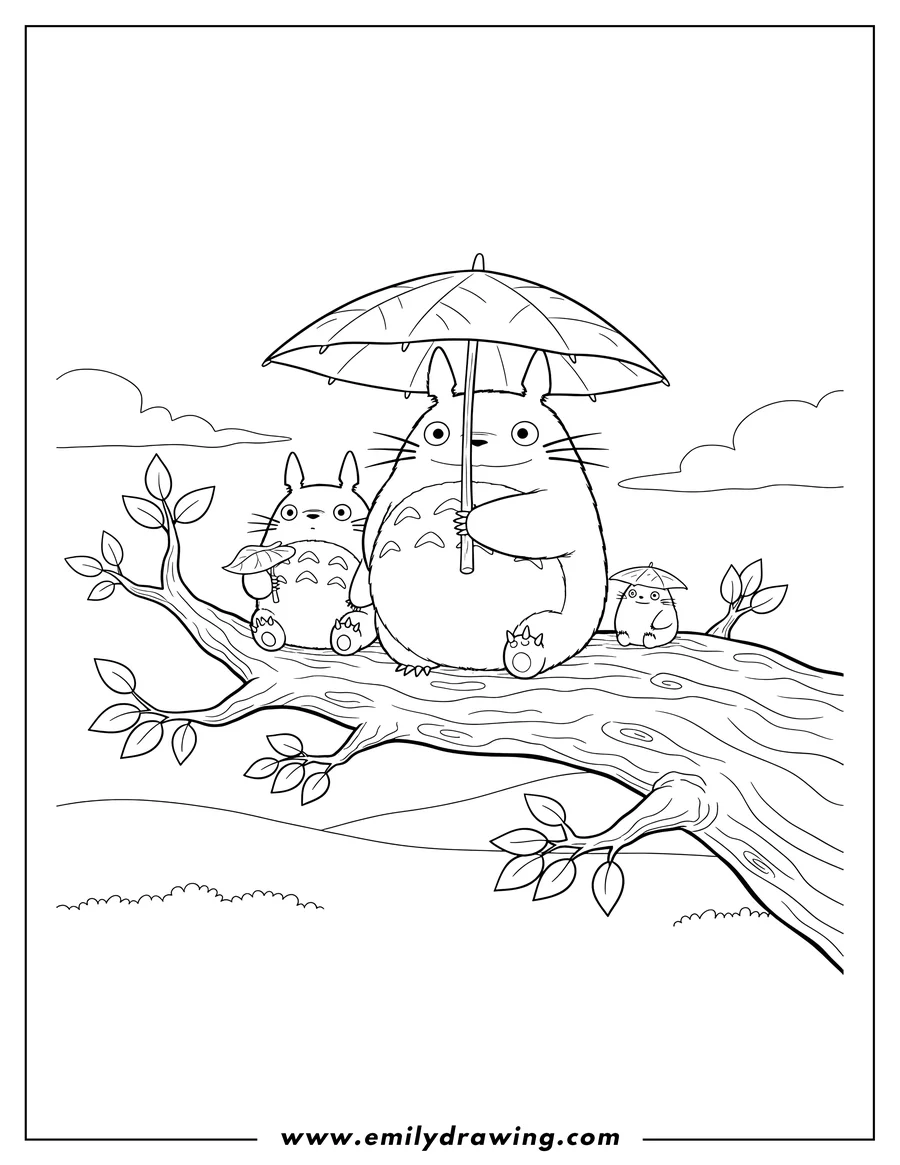 Printable line art of my Neighbor Totoro Holding Umbrella, sitting on a tree branch with two smaller Totoros