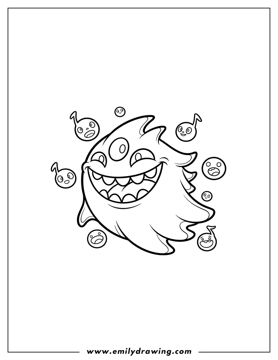 Doodle style coloring picture of easy My Singing Monsters Ghazt, grinning