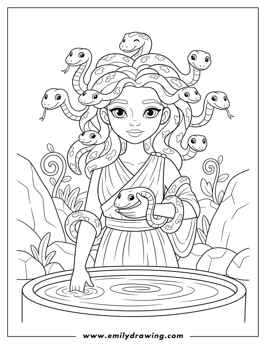 Outline drawing of mystical Medusa with serpent hair, with her hand in a magic pool and holding a snake