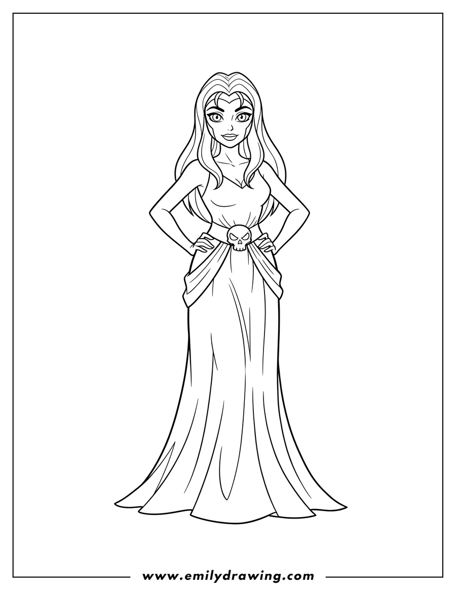 Free printable coloring sheet of easy Mystique Outline, standing in a long dress with a skull belt