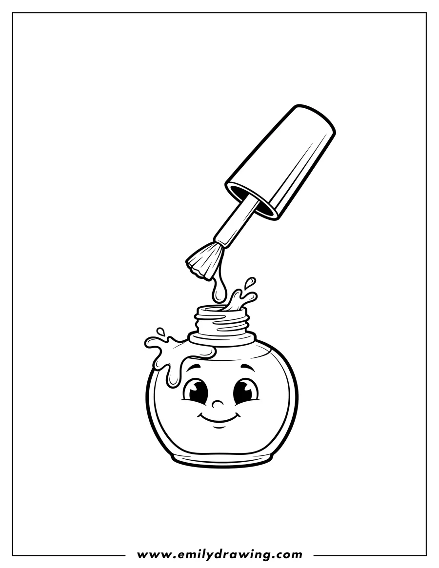 Black and white line art of easy Nail Polish Bottle And Brush, with brush above an open bottle, and a polish drip