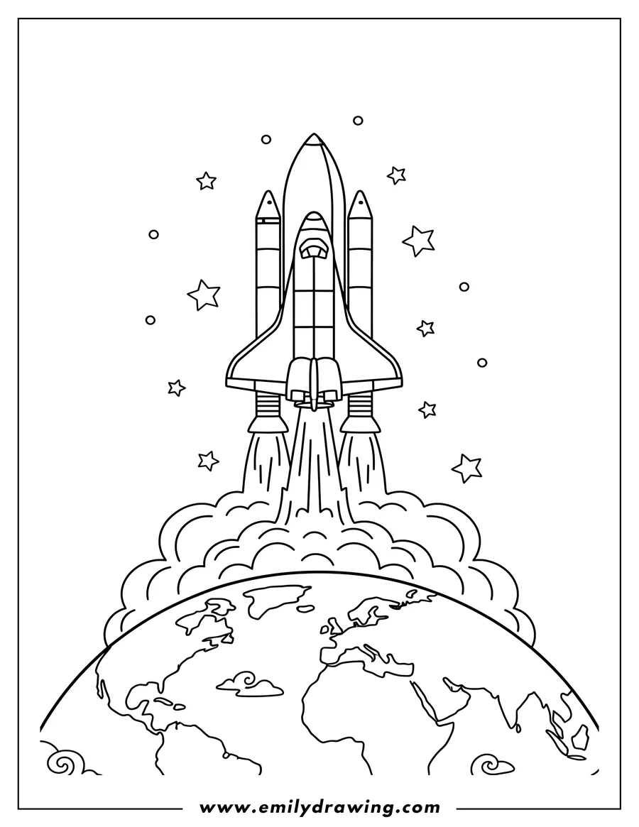 Coloring sheet featuring easy Nasa Space Shuttle launching from Earth with visible exhaust
