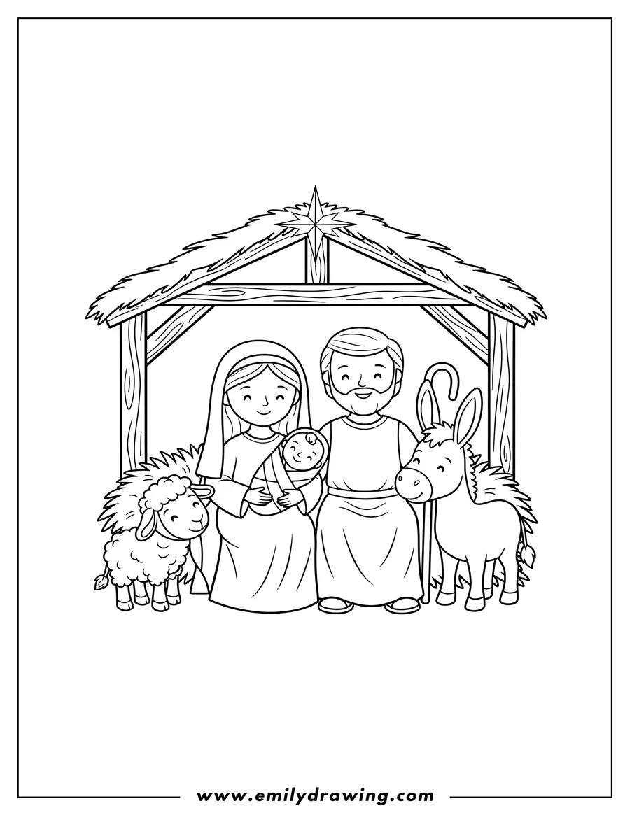 Linear illustration of easy Nativity with Mary and Joseph holding baby Jesus, a lamb, and a donkey