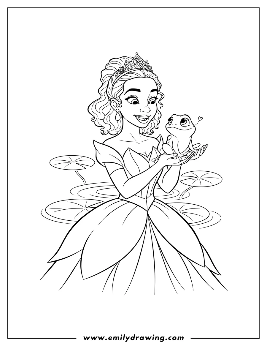 PDF style coloring page: princess Tiana smiling, holding Frog Prince Naveen as he asks for a kiss