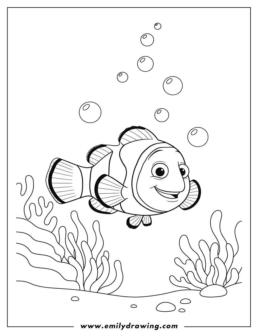 Coloring sheet featuring nemo Clown Fish smiling and swimming with bubbles near coral