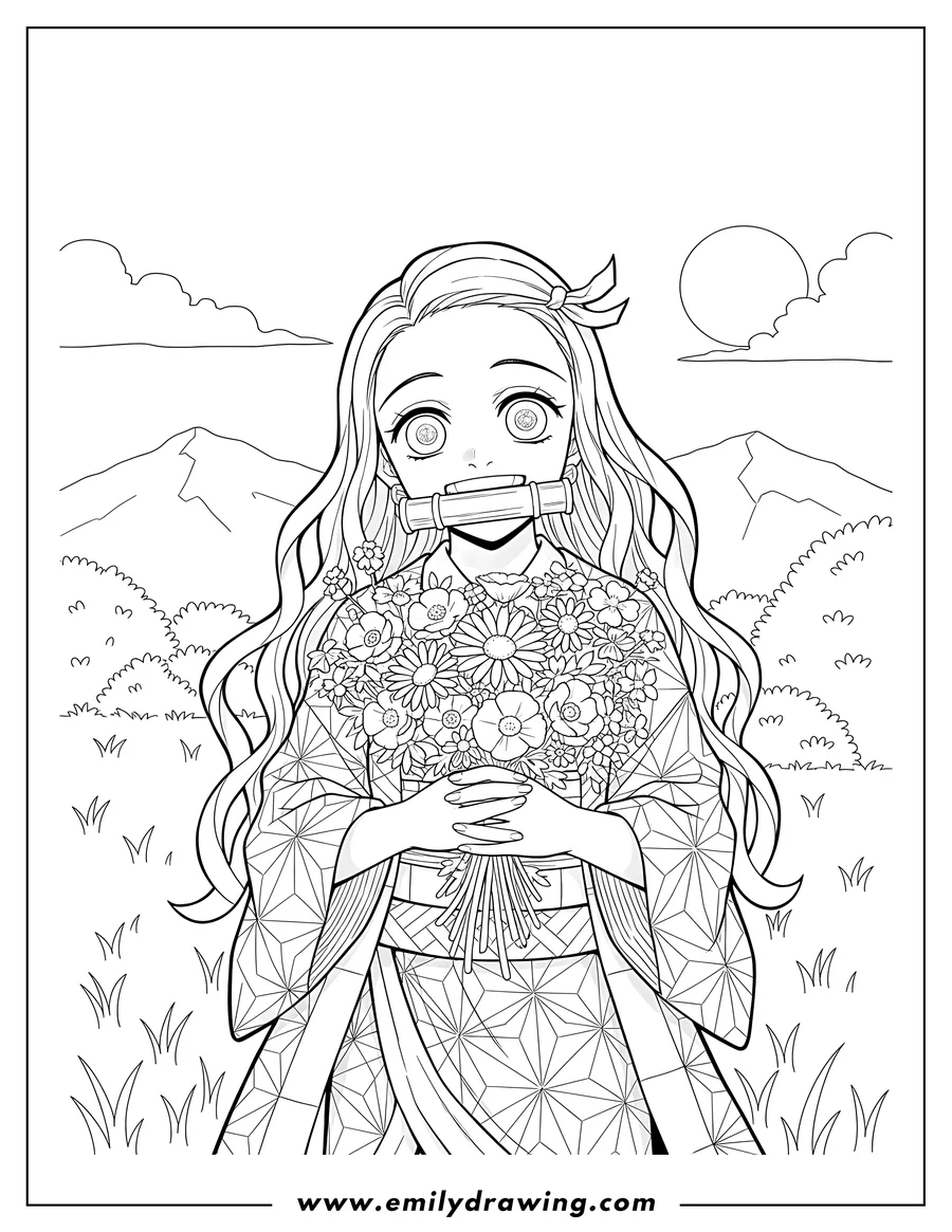 High quality printable nezuko Smiling And Holding Wildflowers, wearing a kimono and showing fangs for coloring