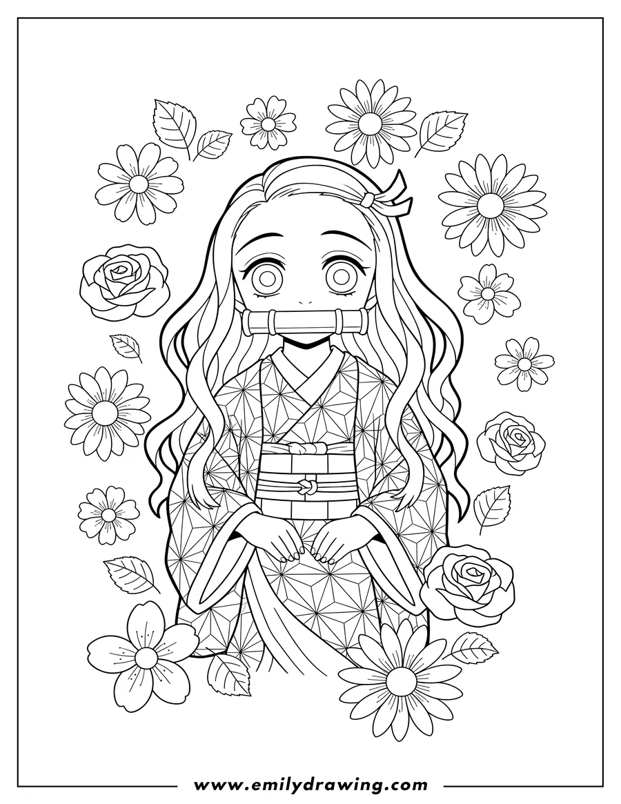 Free printable coloring sheet of easy Nezuko smiling with a bamboo muzzle and surrounded by flowers for preschoolers