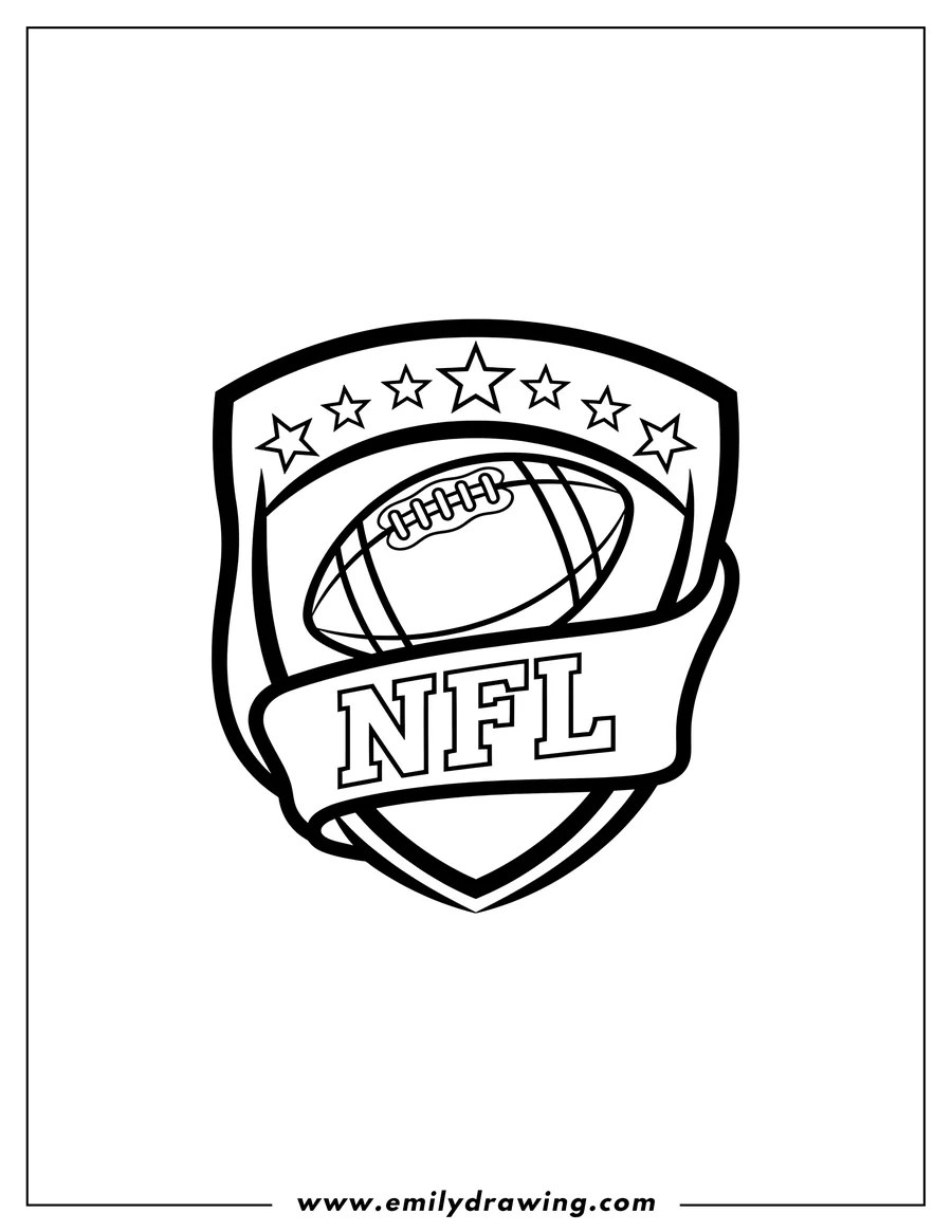 Doodle style coloring picture of nfl Football Logo in a shield shape with a football and stars to color
