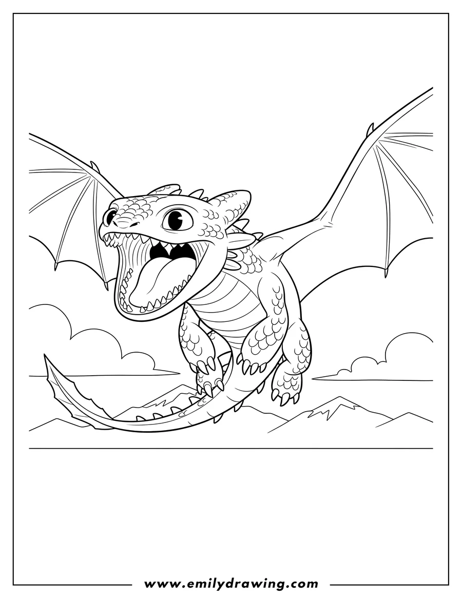 Linear illustration of night Fury Dragon flying with open mouth