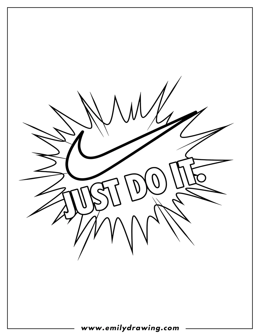 Coloring page for kids: nike Just Do It logo with swoosh in a comic burst