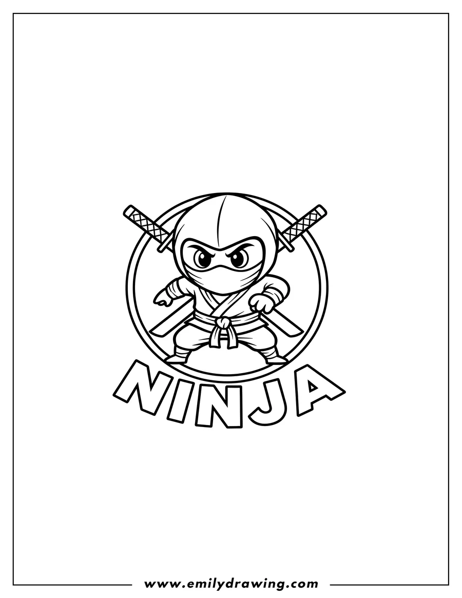 Coloring sheet featuring ninja Logo with a ninja character, two katanas on his back, and NINJA text