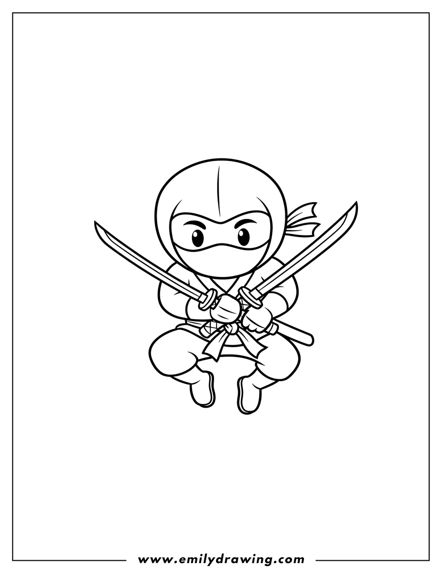 Printable coloring page of easy Ninja With Swords Fight, in a leaping pose, holding two crossed swords