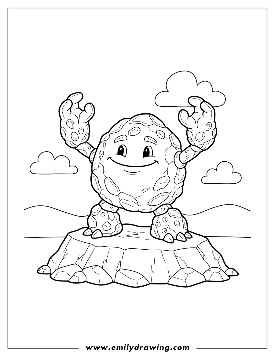 Clean line drawing: my Singing Monsters Noggin dancing on a rock with raised hands