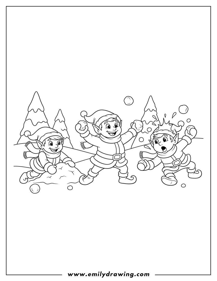 Coloring sheet featuring north Pole Elves having a joyful snowball fight with snowballs in hand