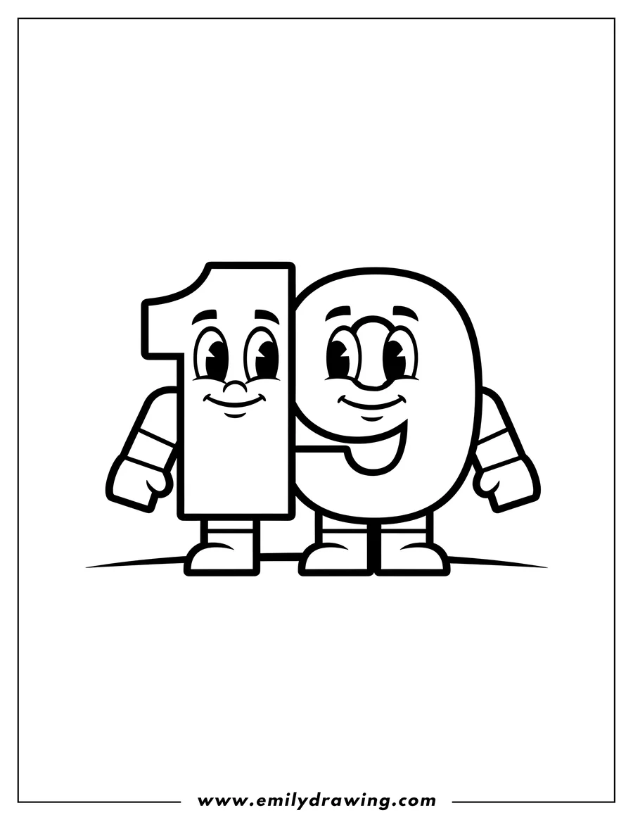Full page coloring image of easy Numberblocks 19 block character with a face