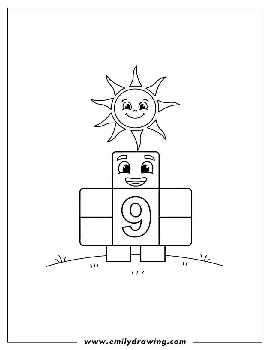 Coloring page of numberblocks 9 smiling under the sun with the number 9 displayed