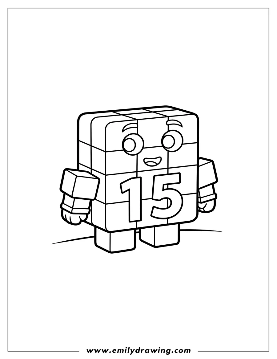 Simple sketch of numberblocks character Fifteen built from blocks, showing the number 15 to color