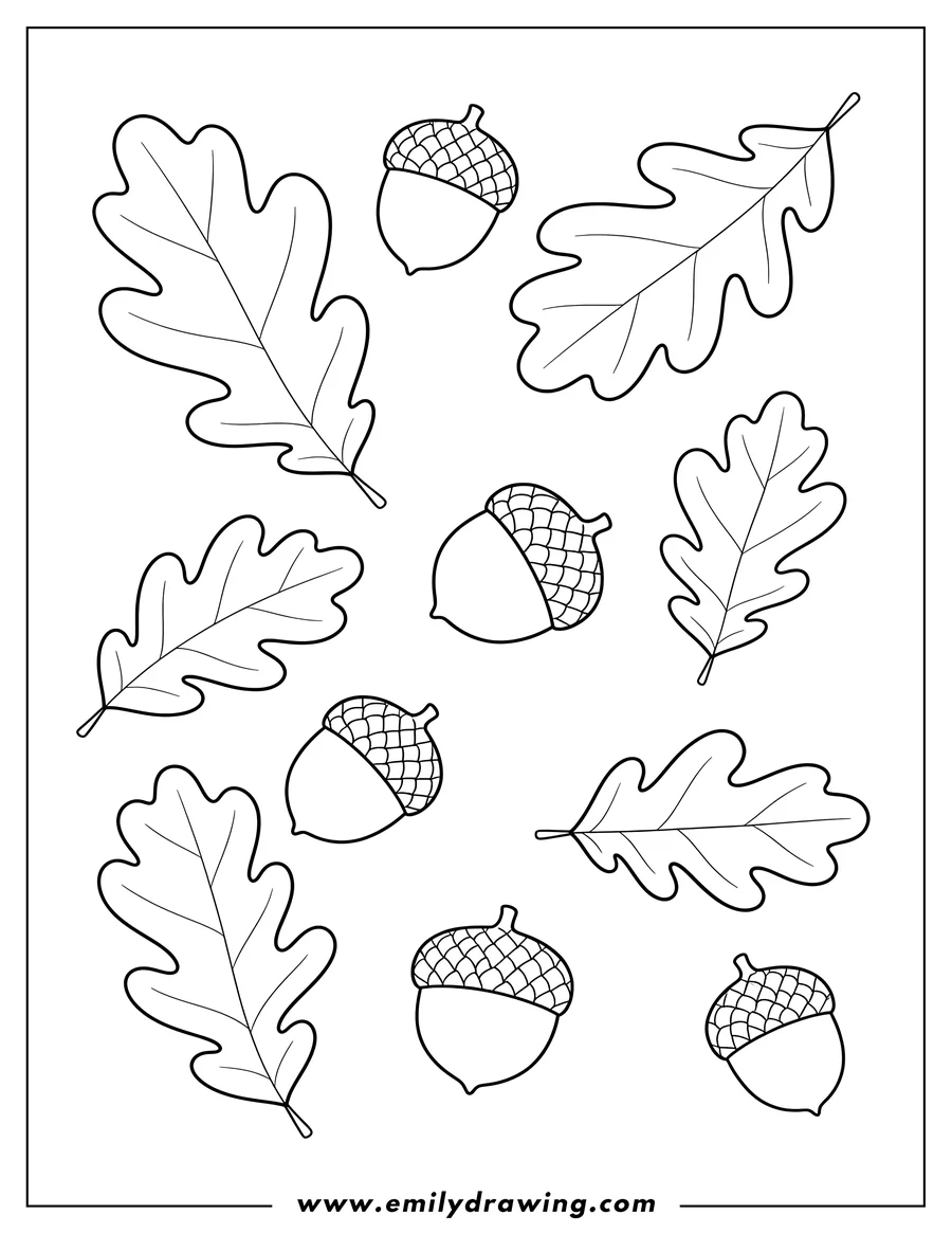 Doodle style coloring picture of easy To Color scattered oak leaves and acorns with textured caps