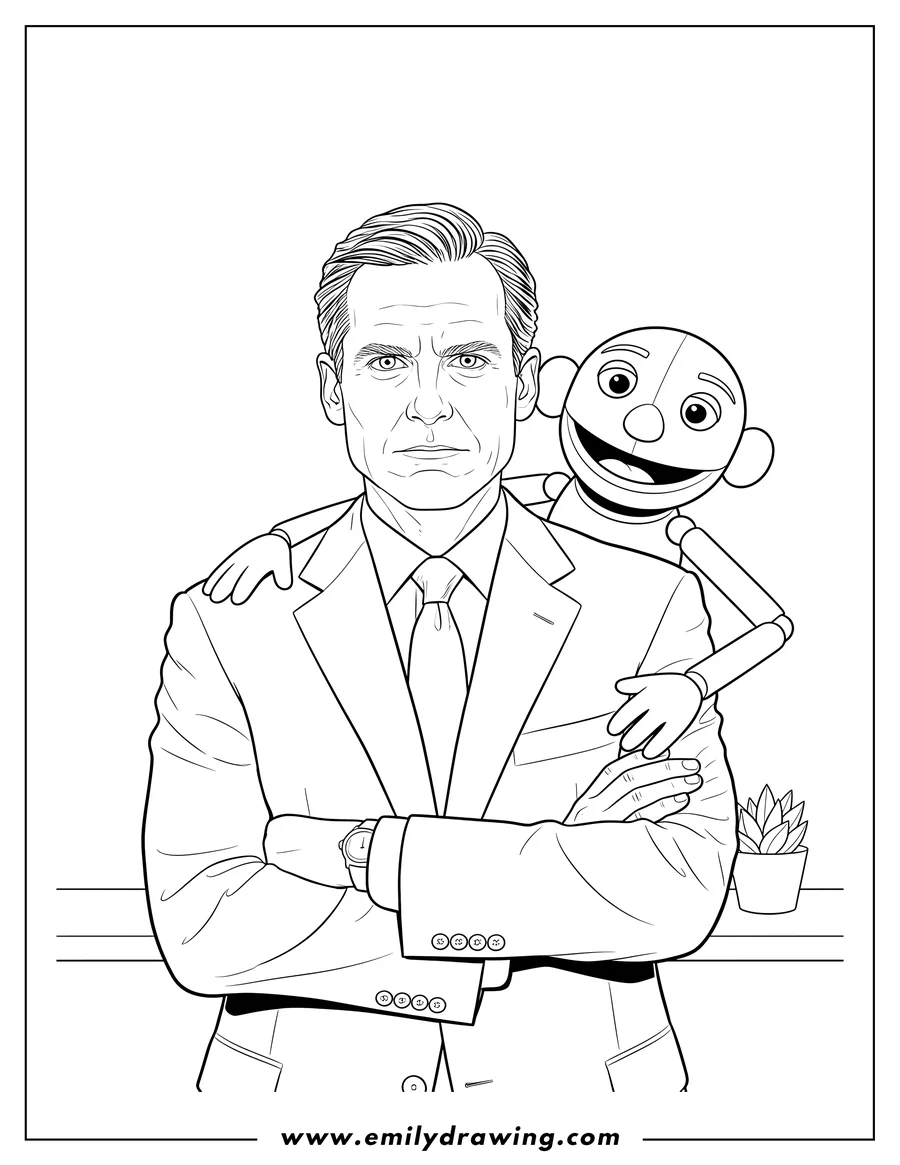 Vector style outline of office Michael Scott with a serious expression and crossed arms, with a smiling puppet figure's arm around his shoulders
