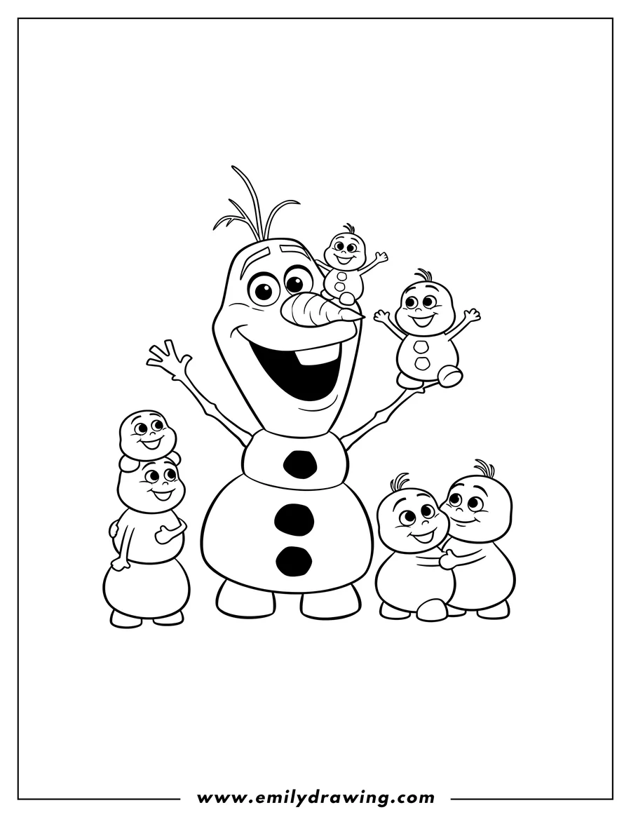 Free to print drawing of olaf smiling with happy snow babies, some stacked, some hugging
