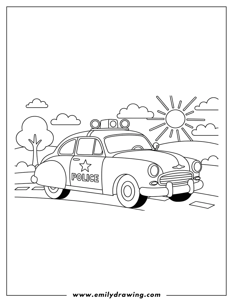 Printable line art of an old police car with roof lights on a road