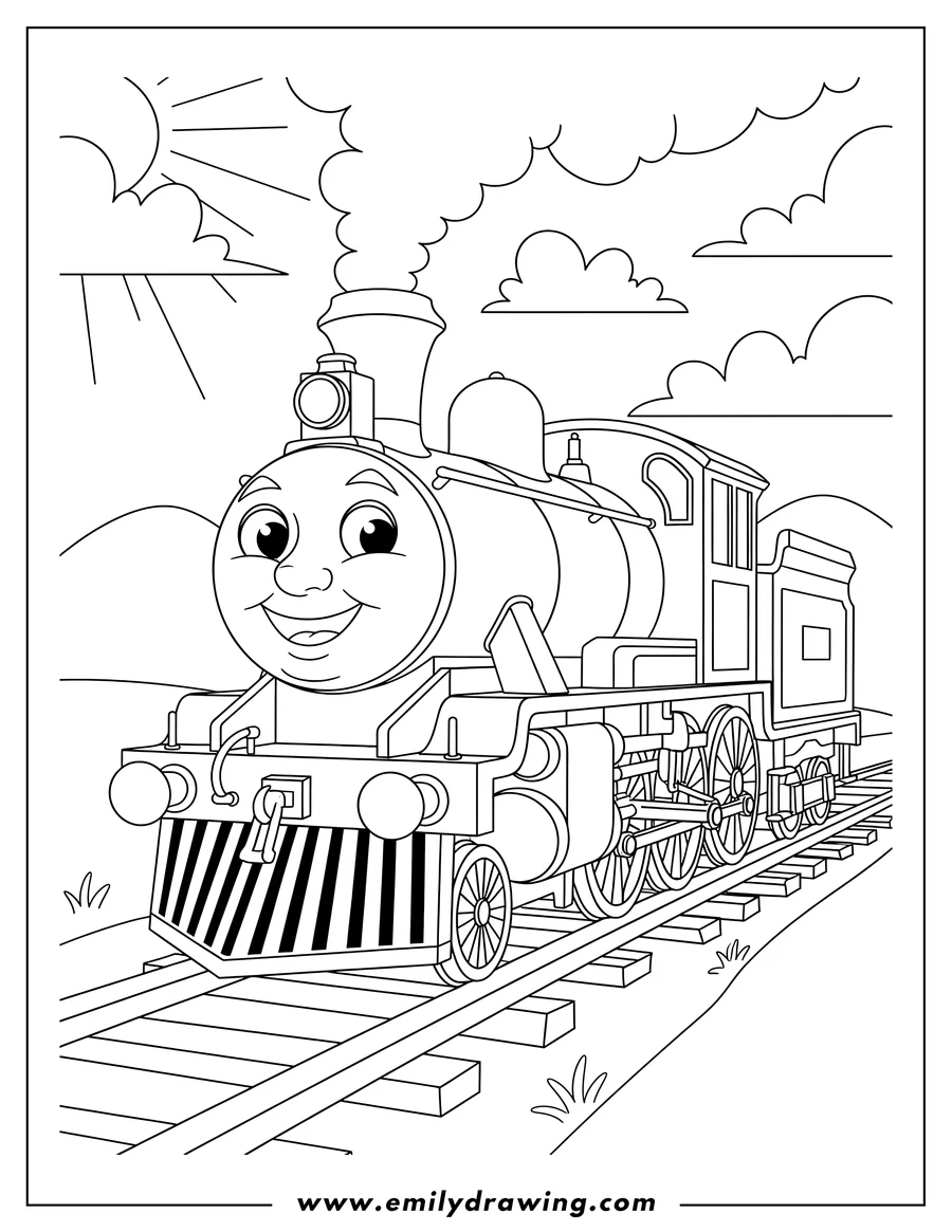 PDF style coloring page: oliver the smiling train on railway tracks