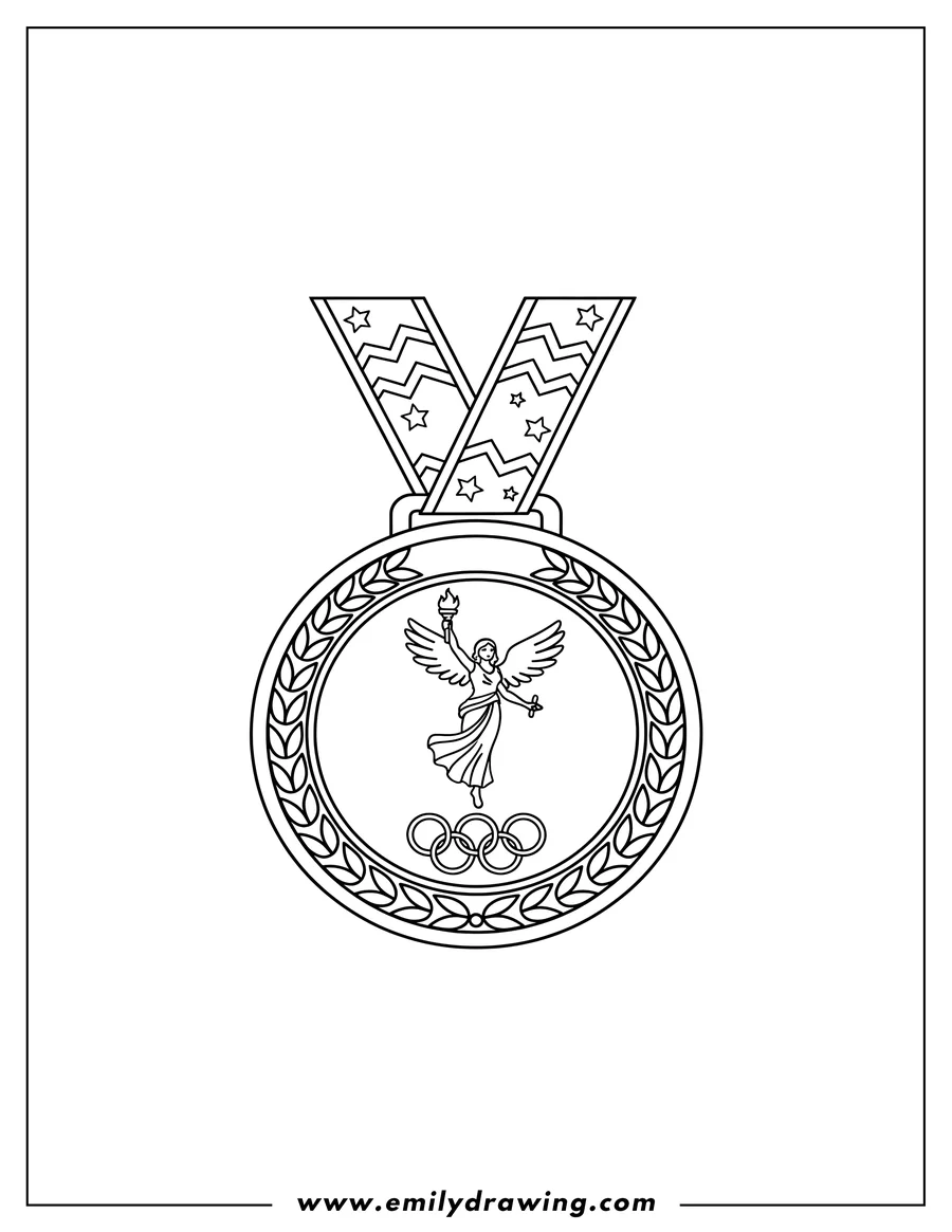 Free to print drawing of easy Olympic Medal with a patterned ribbon, Olympic rings, and a winged figure