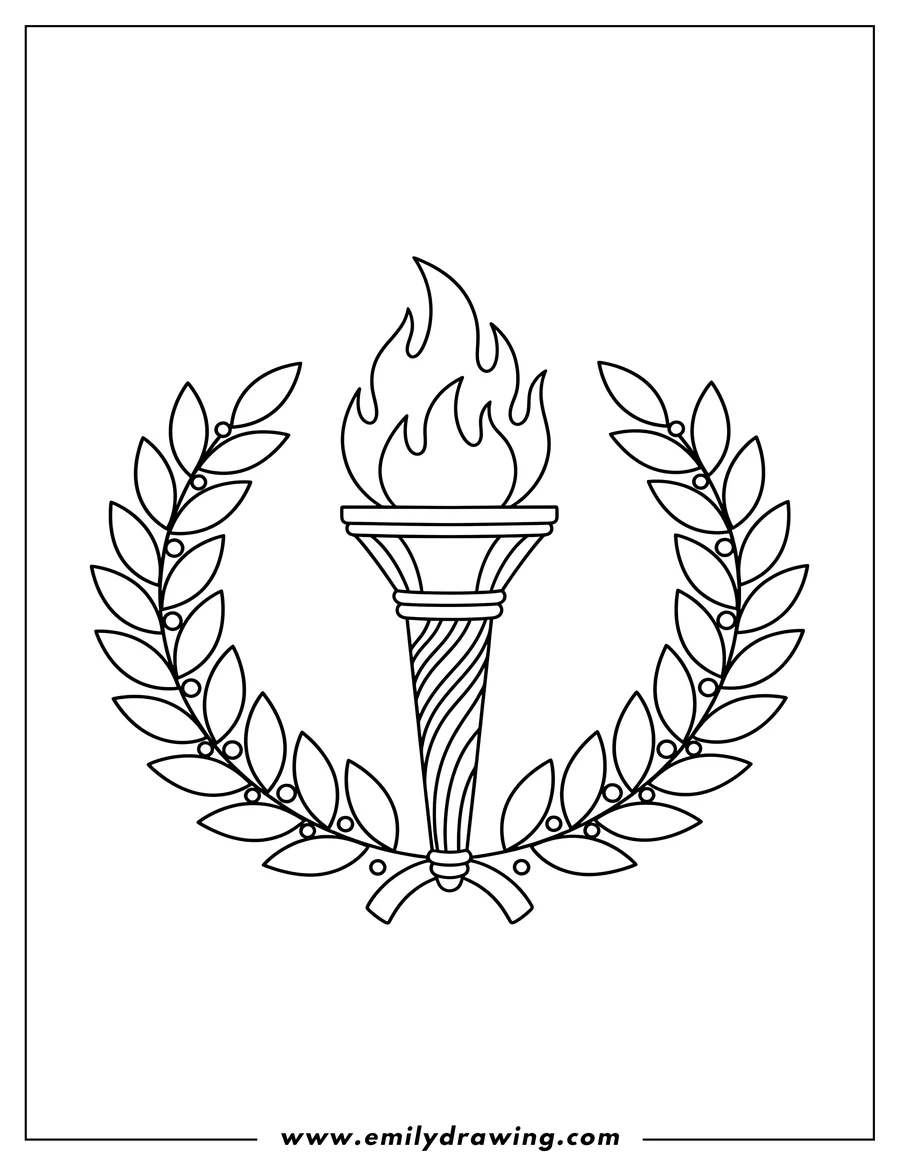 Full page coloring image of olympic Torch with flames and laurel wreath