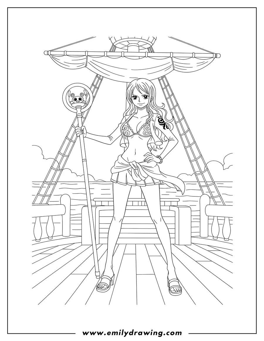 Black and white line art of one Piece Nami Standing On Deck, holding a staff, with hand on hip