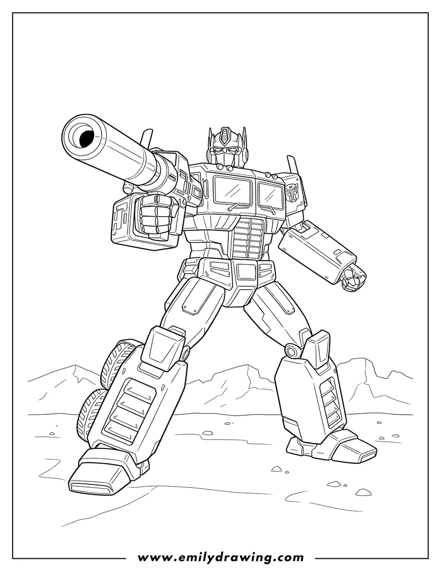 Free printable coloring sheet of optimus Prime aiming Ion Blaster with both hands
