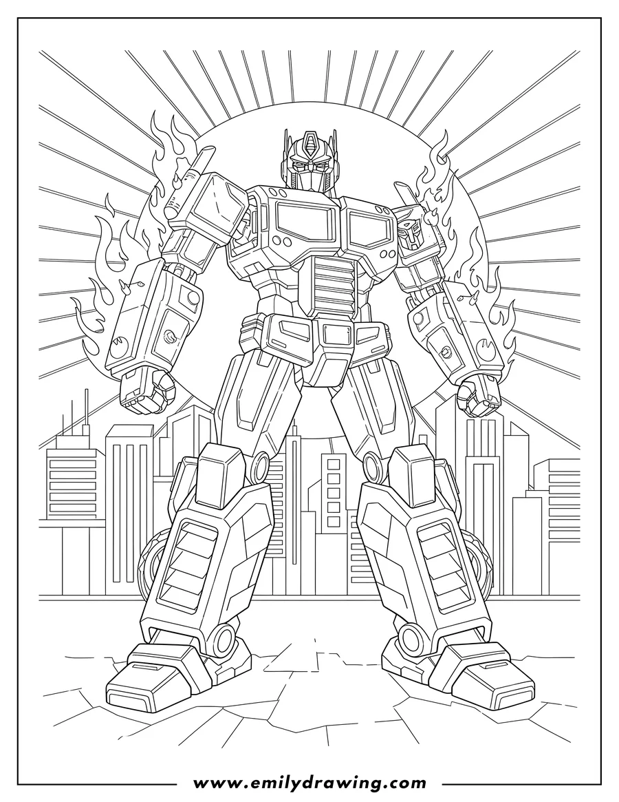 Vector style outline of optimus Prime Autobot Form with flames, standing in a city